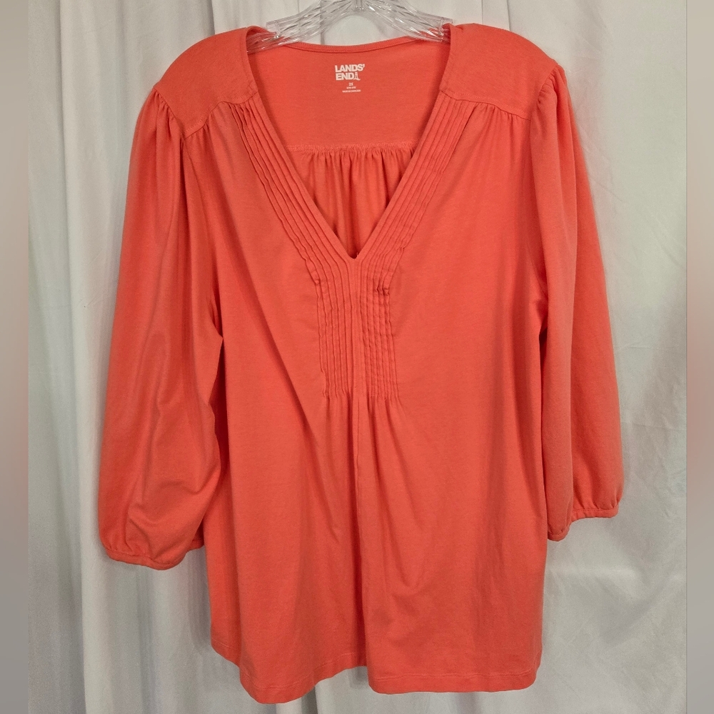 Lands' End Salmon/Pink V Neck Pin Tuck Detail Blouse Size 2X
